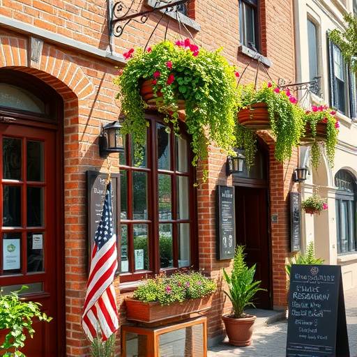 Exterior del restaurante, con una fachada de ladrillo y plantas colgantes