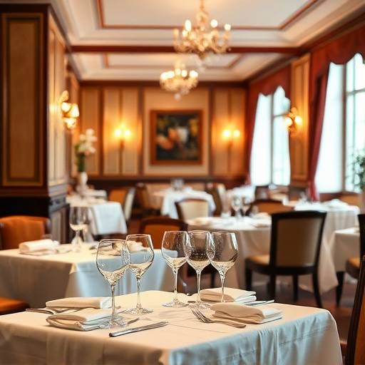 Interior del restaurante, mesas elegantemente preparadas con manteles blancos y copas de vino