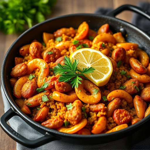 Paella valenciana servida en una paellera tradicional, con lim&oacute;n y perejil.