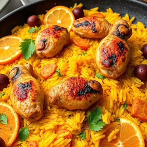 Paella Valenciana, un plato de arroz con azafr&aacute;n, pollo, conejo y verduras