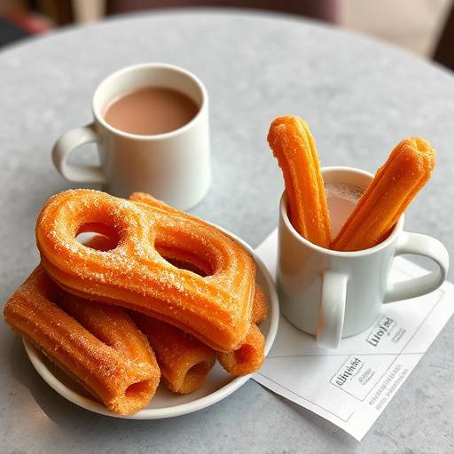 Un plato de churros con chocolate caliente, servido en una mesa